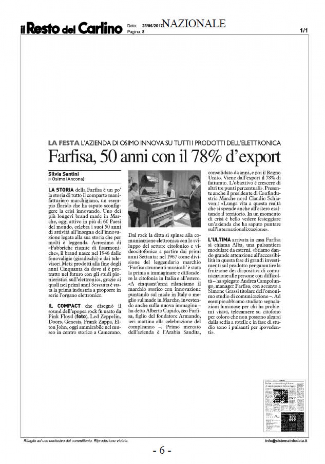 Farfisa, 50 anni con il 78% d'export